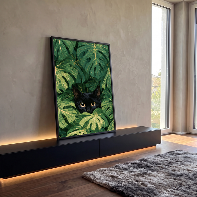 Quadro Decorativo Gato Preto Espreitando entre Folhas | quadros decorativos para sala | gato preto espreitando entre folhas verdes de monstera em aquarela | em Quadros para Sala | Porao dos Quadros