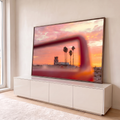 Quadro Decorativo Grande Torre de Controle para Sala Laranja | quadros decorativos para sala | céu de pôr do sol rosa e laranja com torre de controle e palmeiras ao fundo | em Quadros para Sala | Porao dos Quadros