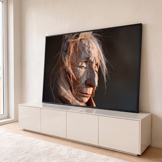 Quadro Decorativo Grande Rosto Esculpido para Sala Marrom | quadros decorativos para sala | rosto esculpido em textura de madeira com cabelo claro e luz dramática lateral | em Quadros para Sala | Porao dos Quadros