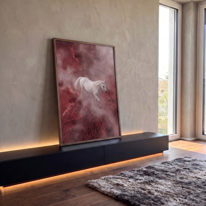 Cavalo árabe branco caminhando sobre terreno vermelho envolto em névoa, vista aérea, quadro decorativo