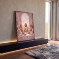 Quadro Decorativo Grande Santa Ceia Bege para Sala | quadros decorativos para sala | Jesus e discípulos à mesa numa Santa Ceia em tons pastel impressionistas | em Quadros para Sala | Porao dos Quadros