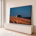 Quadro Decorativo Grande Cavalo Silhueta para Sala Azul | quadros decorativos para sala | cavalo em silhueta caminha sobre campo dourado com lua cheia ao fundo | em Quadros para Sala | Porao dos Quadros