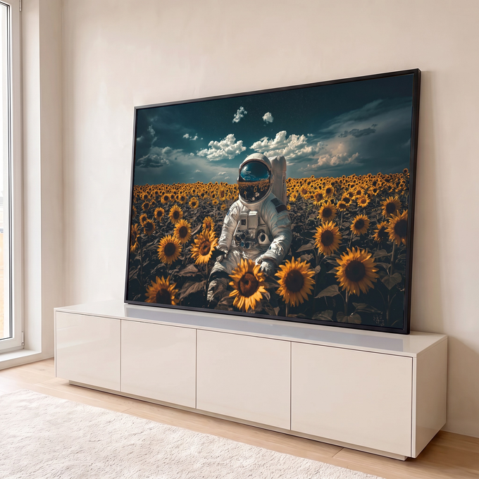 Quadro Decorativo Grande Astronauta Sentado para Sala | quadros decorativos para sala | astronauta sentado em campo de girassóis com céu estrelado refletido no capacete | em Quadros para Sala | Porao dos Quadros