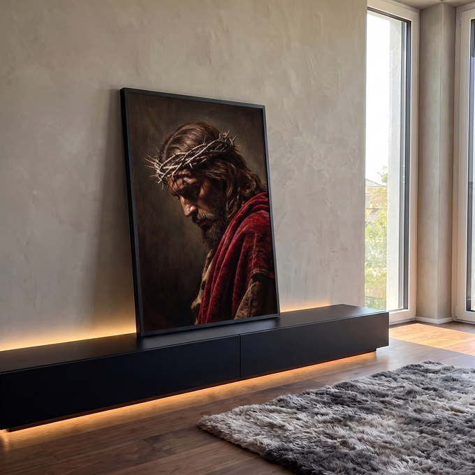 Quadro Decorativo Grande Jesus Cristo Espinhos para Sala | quadros decorativos para sala | Jesus Cristo de perfil com coroa de espinhos e manto vermelho em pintura realista | em Quadros para Sala | Porao dos Quadros