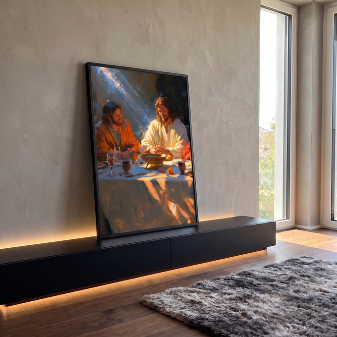Quadro Decorativo Grande Última Ceia para Sala Laranja | quadros decorativos para sala | Jesus e um apóstolo à mesa da Última Ceia sob luz dourada | em Quadros para Sala | Porao dos Quadros
