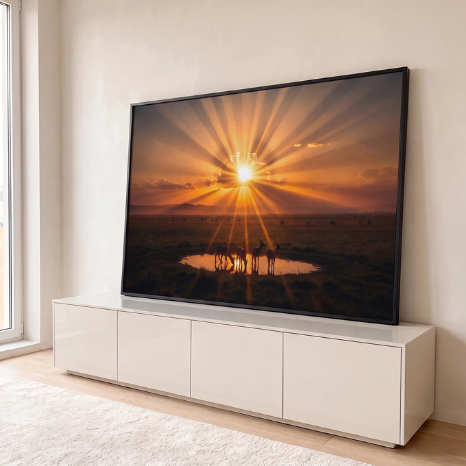Quadro Decorativo Grande Antílopes ao Pôr do Sol para Sala | quadros decorativos para sala | antílopes bebendo água em lagoa sob raios de sol laranja na savana | em Quadros para Sala | Porao dos Quadros