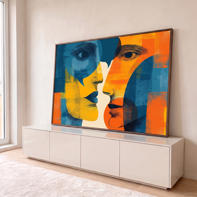 Quadro Decorativo Grande Dois Rostos para Sala Azul | quadros decorativos para sala | dois rostos em perfil em azul, amarelo e laranja estilo pop art gráfico | em Quadros para Sala | Porao dos Quadros