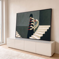 Quadro Decorativo Grande Figura para Sala Preto | quadros decorativos para sala | figura de casaco preto com pescoços de cisnes brancos e bicos vermelhos saindo do colarinho | em Quadros para Sala | Porao dos Quadros