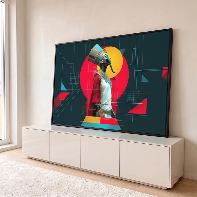 Quadro Decorativo Grande Faraó Egípcio para Sala Verde | quadros decorativos para sala | faraó egípcio de perfil com coroa azul e dourada sobre fundo geométrico colorido | em Quadros para Sala | Porao dos Quadros