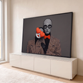 Quadro Decorativo Grande Máscaras Listradas para Sala | quadros decorativos para sala | duas figuras com rosto pintado, óculos de coração laranja e máscara listrada preto e branco | em Quadros para Sala | Porao dos Quadros