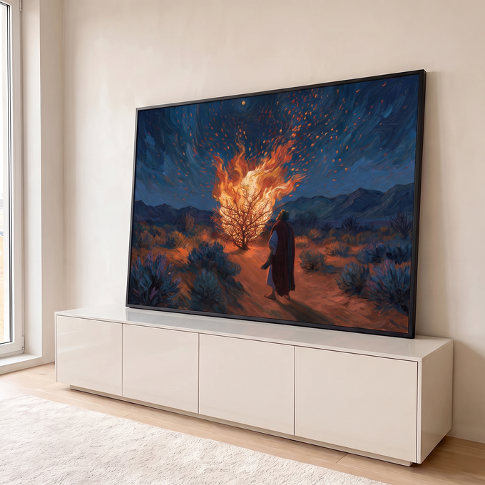 Quadro Decorativo Grande Sarça Ardente para Sala Azul | quadros decorativos para sala | homem de manto observa arbusto em chamas sob céu noturno azul em espirais | em Quadros para Sala | Porao dos Quadros