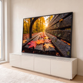 Quadro Decorativo Grande Banco de Madeira para Sala Laranja | quadros decorativos para sala | banco de madeira molhado com folhas coloridas de outono e floresta dourada ao fundo | em Quadros para Sala | Porao dos Quadros