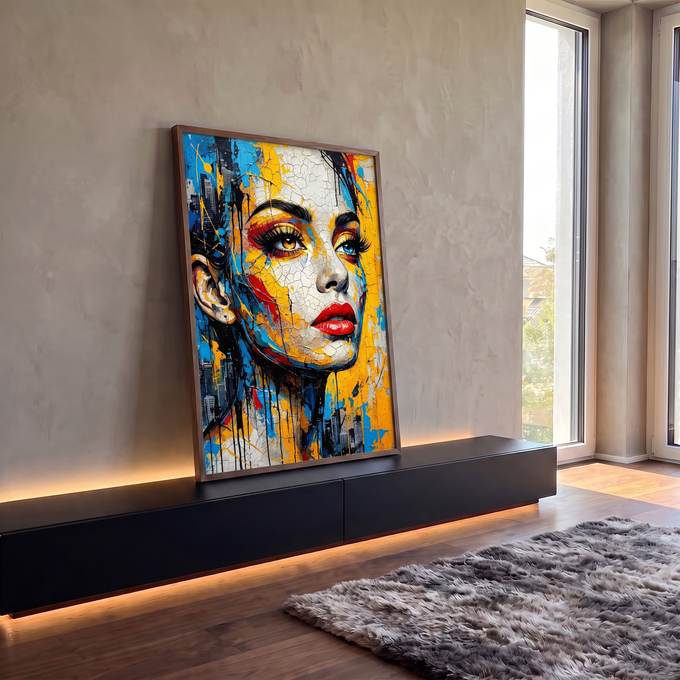 Rosto de mulher em pop art craquelado, lábios vermelhos, tons amarelo e azul e skyline, quadro decorativo