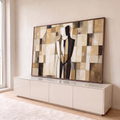 Quadro Decorativo Grande Casal Abstrato para Sala Bege | quadros decorativos para sala | duas figuras abraçadas em preto e branco sobre fundo geométrico bege e marrom | em Quadros para Sala | Porao dos Quadros