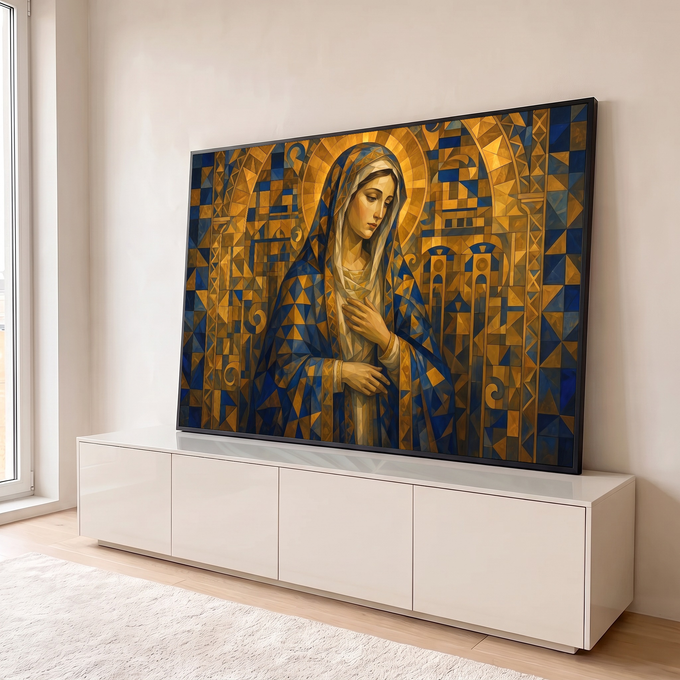 Nossa Senhora de manto azul e auréola em mosaico geométrico dourado, mãos no peito, quadro decorativo