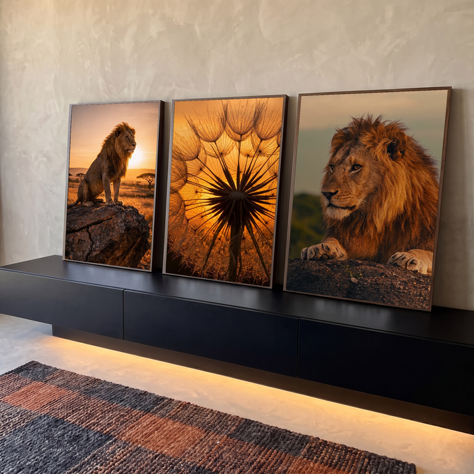 Quadro Decorativo Kit 3 Telas Leão e Flor para Sala Dourado | quadros decorativos para sala | três telas com leões na savana e flor seca retroiluminada pelo pôr do sol | em Quadros para Sala | Porao dos Quadros