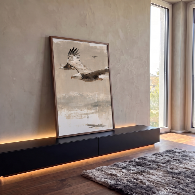 Quadro Decorativo Águia Careca em Voo Estilo Pintura | quadros decorativos para sala | águia careca em voo pintada em tons marrom e bege com fundo abstrato | em Quadros para Sala | Porao dos Quadros