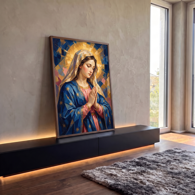 Quadro Decorativo Grande Nossa Senhora Manto para Sala | quadros decorativos para sala | Nossa Senhora em oração com manto azul estrelado e auréola dourada em estilo mosaico | em Quadros para Sala | Porao dos Quadros