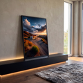 Posto de gasolina retrô no alto da montanha ao pôr do sol com nuvens dramáticas, quadro decorativo