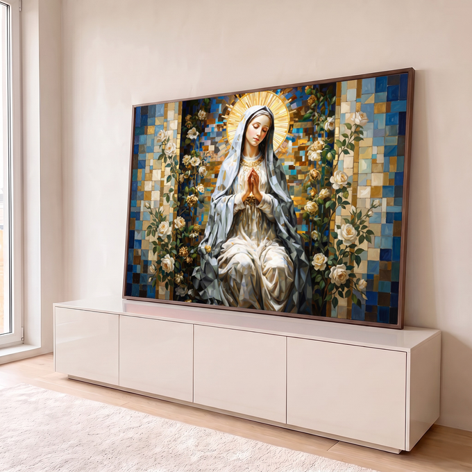 Virgem Maria em prece com auréola dourada entre rosas brancas sobre mosaico azul, quadro decorativo