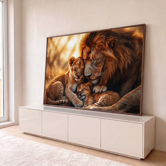 Quadro Decorativo Grande Leão e Filhotes para Sala Dourado | quadros decorativos para sala | leão adulto aconchegando dois filhotes com luz dourada de entardecer ao fundo | em Quadros para Sala | Porao dos Quadros