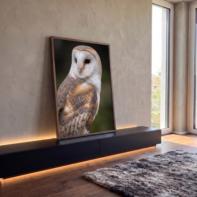 Coruja-das-torres de rosto branco e penas bege sobre fundo verde desfocado, quadro decorativo