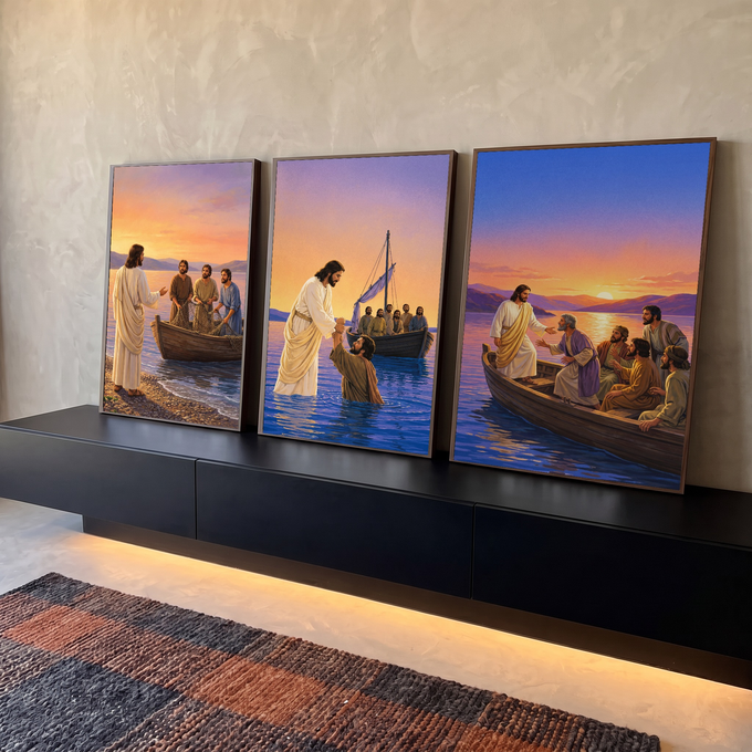 Quadro Decorativo Kit 3 Telas Jesus Chamando para Sala | quadros decorativos para sala | Jesus chamando pescadores à beira-mar em três cenas ao entardecer | em Quadros para Sala | Porao dos Quadros
