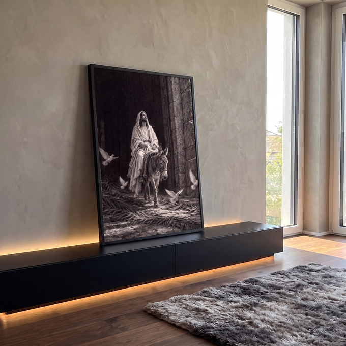 Quadro Decorativo Grande Jesus em Jumento para Sala Preto | quadros decorativos para sala | homem montado em jumento com pombas brancas voando, em preto e branco | em Quadros para Sala | Porao dos Quadros