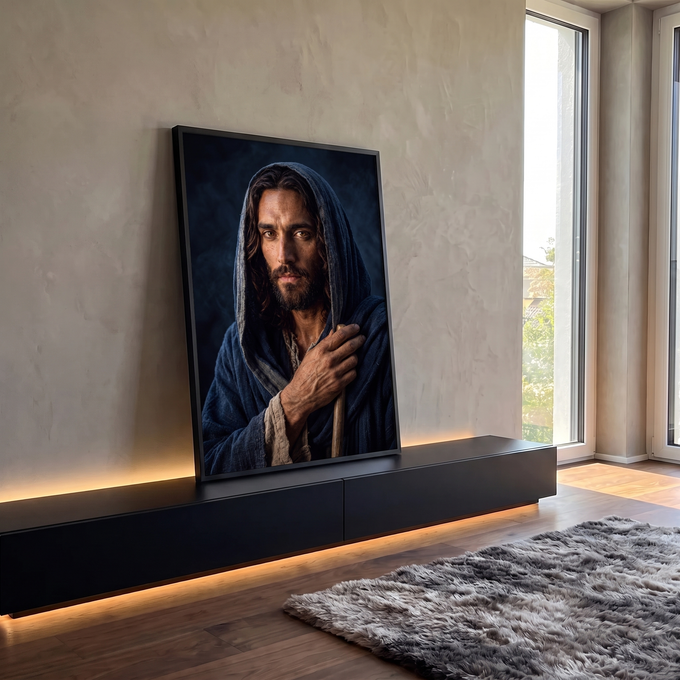 Quadro Decorativo Grande Homem de Manto para Sala Azul | quadros decorativos para sala | homem de manto azul escuro com capuz segurando cajado de madeira, luz dramática no rosto | em Quadros para Sala | Porao dos Quadros