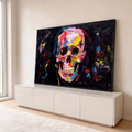 Quadro Decorativo Grande Caveira Colorida Preto para Sala | quadros decorativos para sala | caveira pintada com cores vibrantes e textura grossa sobre fundo preto | em Quadros para Sala | Porao dos Quadros