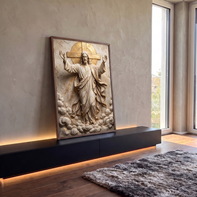 Quadro Decorativo Grande Jesus Cristo Cruz Dourada para Sala | quadros decorativos para sala | Jesus Cristo em relevo bege e dourado com braços abertos diante de uma cruz | em Quadros para Sala | Porao dos Quadros