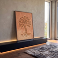 Quadro Decorativo Grande Árvore da Vida Dourado para Sala | quadros decorativos para sala | árvore da vida em relevo dourado com galhos entrelaçados sobre fundo terracota | em Quadros para Sala | Porao dos Quadros