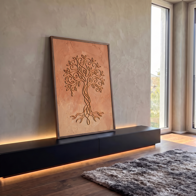 Quadro Decorativo Grande Árvore da Vida Dourado para Sala | quadros decorativos para sala | árvore da vida em relevo dourado com galhos entrelaçados sobre fundo terracota | em Quadros para Sala | Porao dos Quadros
