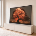 Quadro Decorativo Árvore Silhueta com Lua Vermelha Gigante | quadros decorativos para sala | árvore em silhueta escura contra lua vermelha gigante ao entardecer | em Quadros para Sala | Porao dos Quadros