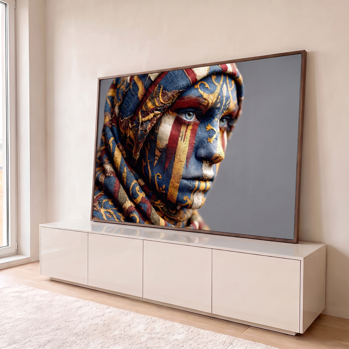 Rosto de mulher com pintura tribal azul, dourada e vermelha e lenço de tecido étnico, quadro decorativo