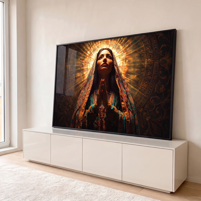 Quadro Decorativo Grande Mulher em Oração para Sala Dourado | quadros decorativos para sala | mulher de véu bordado em oração com halo de luz dourada ao fundo escuro | em Quadros para Sala | Porao dos Quadros