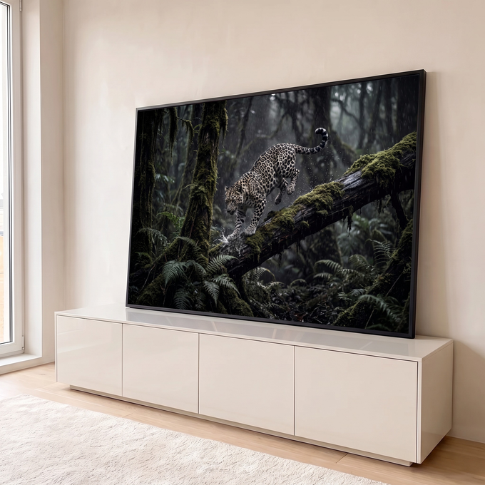 Quadro Decorativo Grande Leopardo Caminhando para Sala Preto | quadros decorativos para sala | leopardo manchado caminhando sobre tronco musgoso em floresta chuvosa e escura | em Quadros para Sala | Porao dos Quadros
