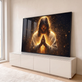 Quadro Decorativo Grande Jesus Mãos Unidas para Sala Dourado | quadros decorativos para sala | Jesus com mãos em prece, cercado de luz dourada e estrelas no fundo escuro | em Quadros para Sala | Porao dos Quadros