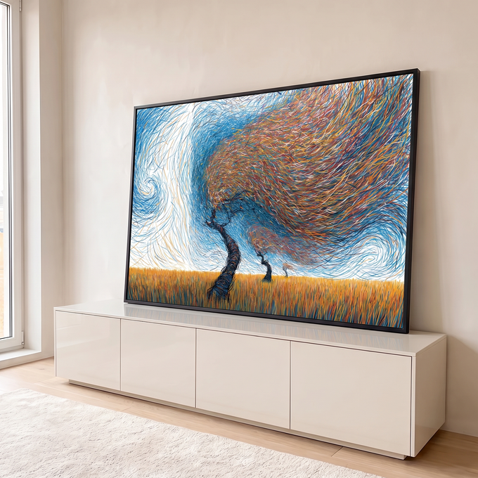 Quadro Decorativo Grande Árvores ao Vento para Sala Laranja | quadros decorativos para sala | árvores estilizadas em linhas coloridas sobre campo de trigo dourado e céu azul em espiral | em Quadros para Sala | Porao dos Quadros