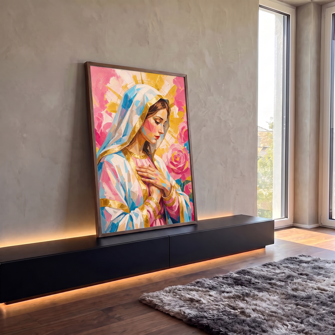 Quadro Decorativo Grande Nossa Senhora para Sala Rosa | quadros decorativos para sala | Nossa Senhora de perfil em oração, véu azul e dourado, rosas e raios ao fundo | em Quadros para Sala | Porao dos Quadros