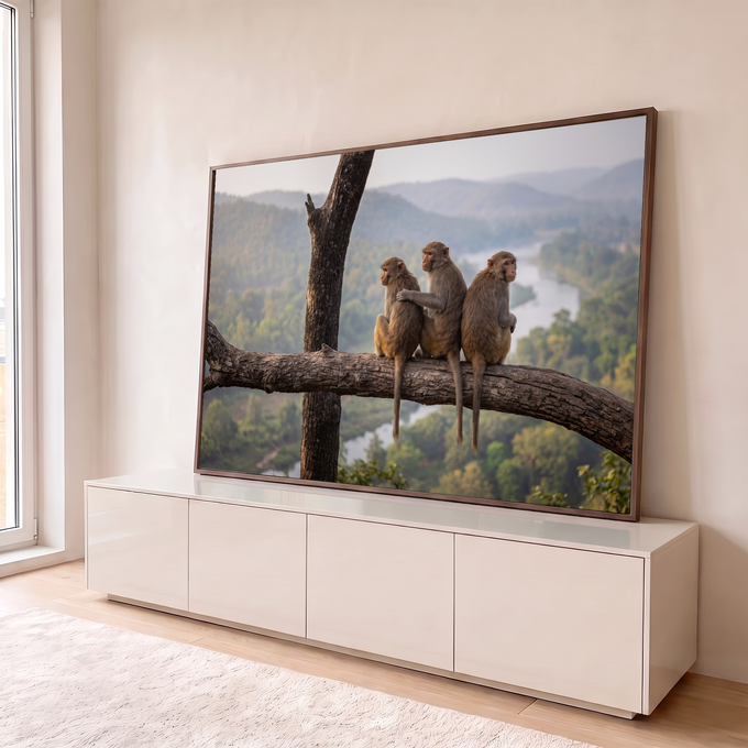 Três macacos sentados em galho de árvore observando vale verde com rio e montanhas, quadro decorativo
