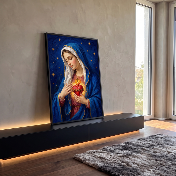 Quadro Decorativo Grande Nossa Senhora Pinceladas para Sala | quadros decorativos para sala | Nossa Senhora de manto azul segurando coração em chamas com cruz e espinhos | em Quadros para Sala | Porao dos Quadros