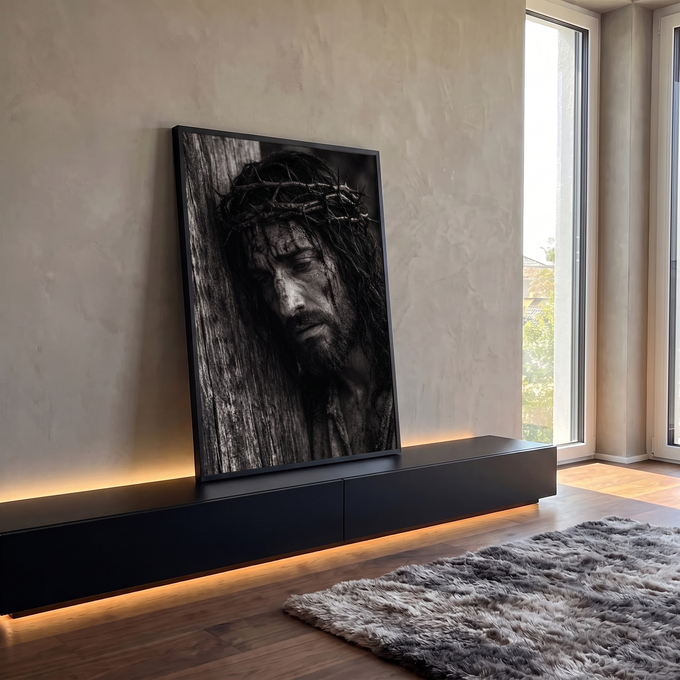 Quadro Decorativo Grande Jesus Preto e Branco para Sala | quadros decorativos para sala | homem com coroa de espinhos e sangue no rosto em retrato preto e branco | em Quadros para Sala | Porao dos Quadros