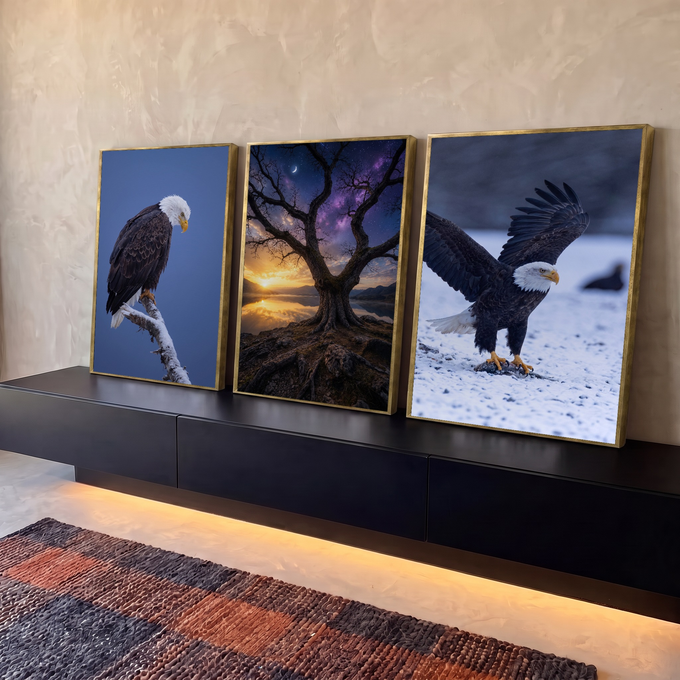 Quadro Decorativo Kit 3 Telas Águias e Árvore para Sala Azul | quadros decorativos para sala | três cenas com águia pousada na neve, árvore solitária sob céu estrelado e águia em voo com peixe | em Quadros para Sala | Porao dos Quadros