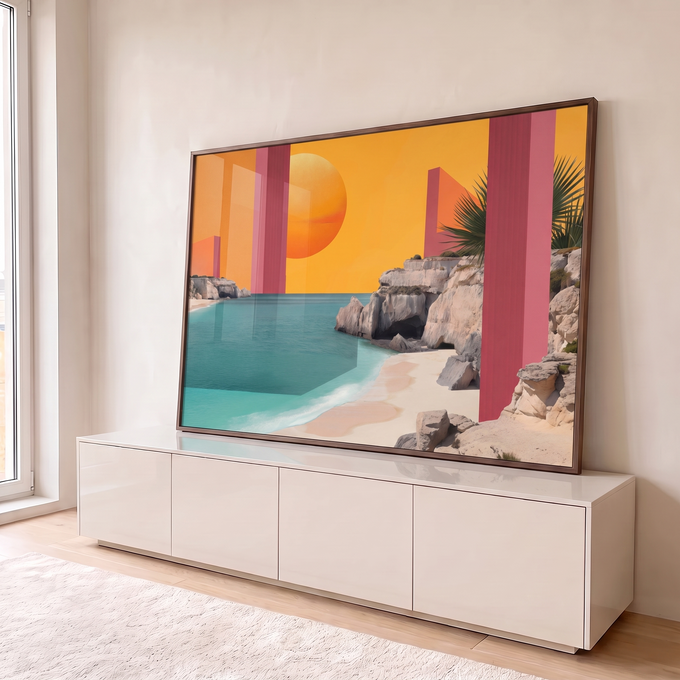 Praia de mar turquesa com falésias, palmeira e sol laranja entre colunas rosa geométricas, quadro decorativo