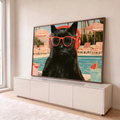 Quadro Decorativo Gato Preto de Óculos e Fone na Piscina | quadros decorativos para sala | gato preto com óculos e fone vermelhos em cenário de piscina retrô | em Quadros para Sala | Porao dos Quadros
