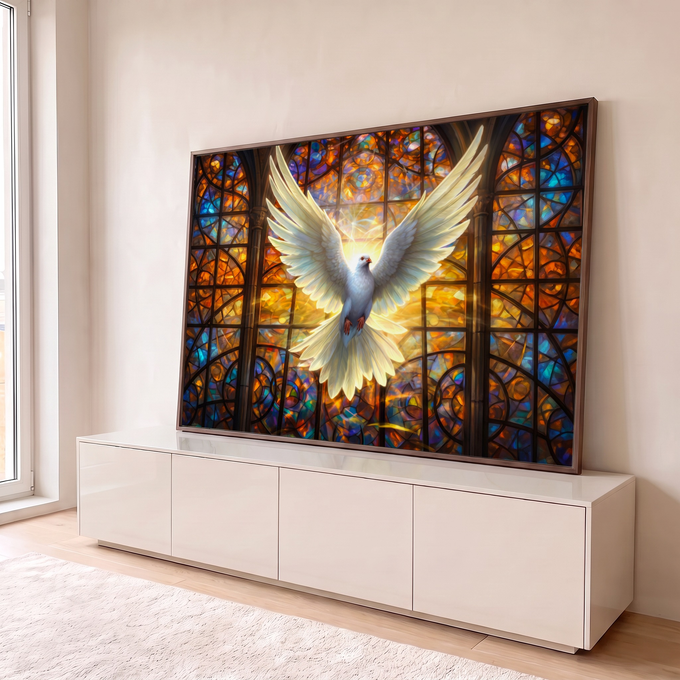 Quadro Decorativo Grande Pomba Branca para Sala Branco | quadros decorativos para sala | pomba branca de asas abertas diante de vitral colorido em tons dourados e azuis | em Quadros para Sala | Porao dos Quadros