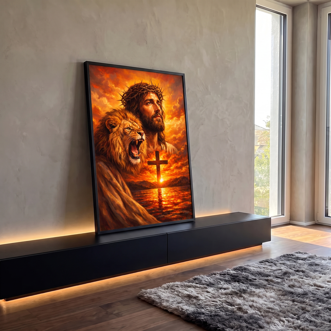 Quadro Decorativo Grande Jesus com Leão para Sala Laranja | quadros decorativos para sala | Jesus com coroa de espinhos ao lado de leão rugindo e cruz ao pôr do sol | em Quadros para Sala | Porao dos Quadros