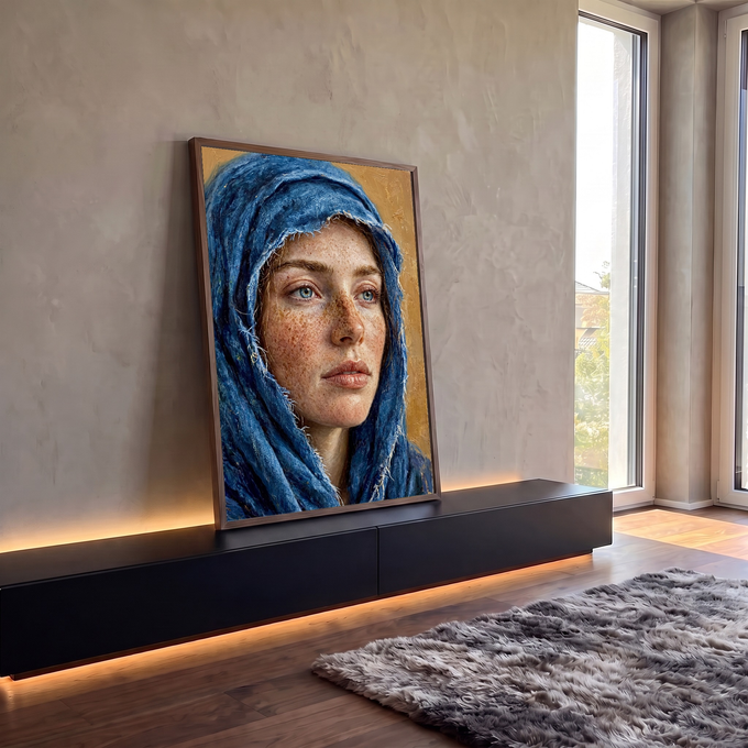 Quadro Decorativo Grande Retrato de Mulher para Sala Azul | quadros decorativos para sala | retrato realista de mulher com véu azul desfiado e rosto sardento sobre fundo dourado | em Quadros para Sala | Porao dos Quadros