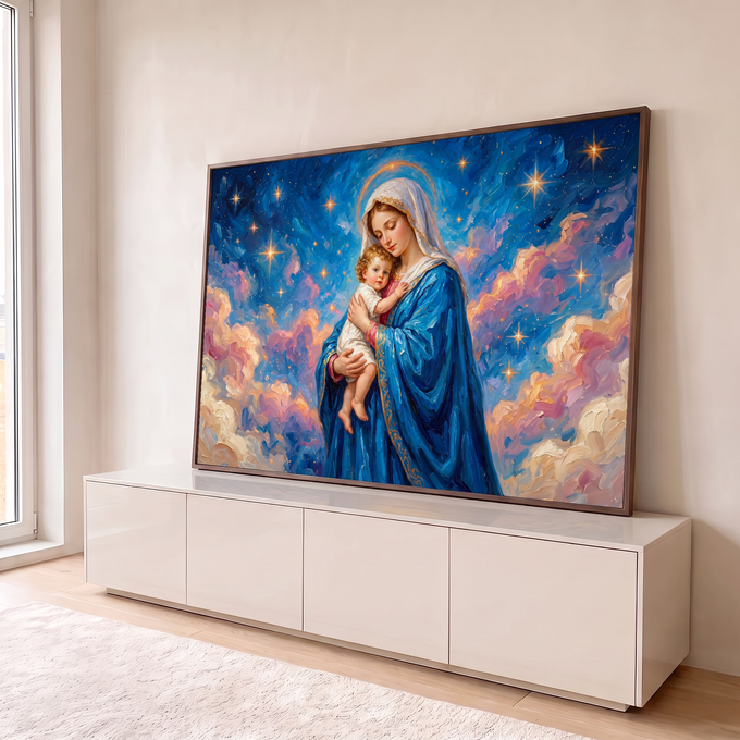 Nossa Senhora de manto azul abraçando o Menino Jesus sob céu estrelado e nuvens rosa, quadro decorativo